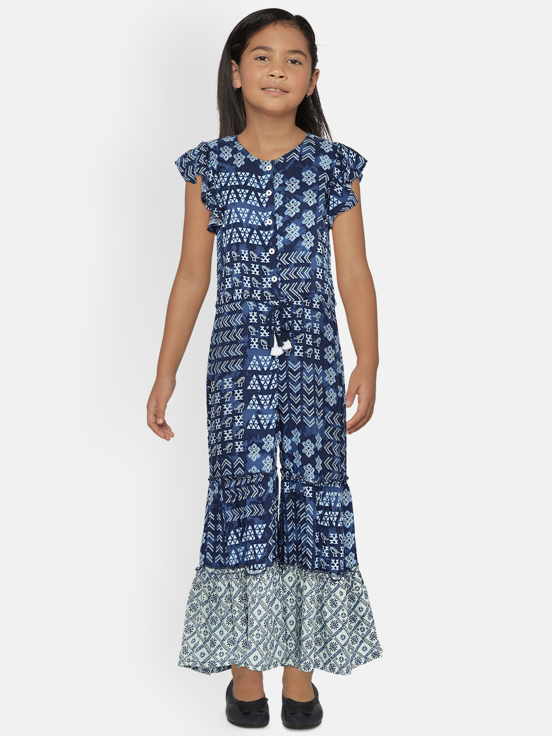 

Global Desi Girls Navy Blue & White Printed Basic Jumpsuit