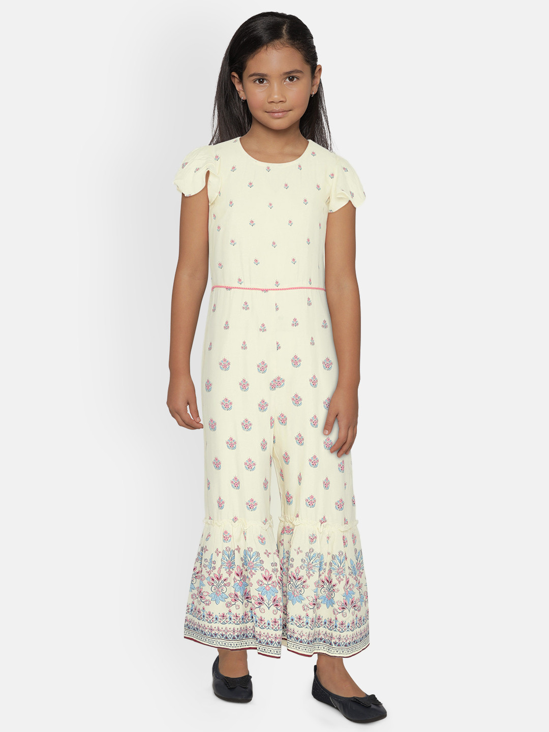

Global Desi Girls Off-White & Blue Printed Basic Jumpsuit