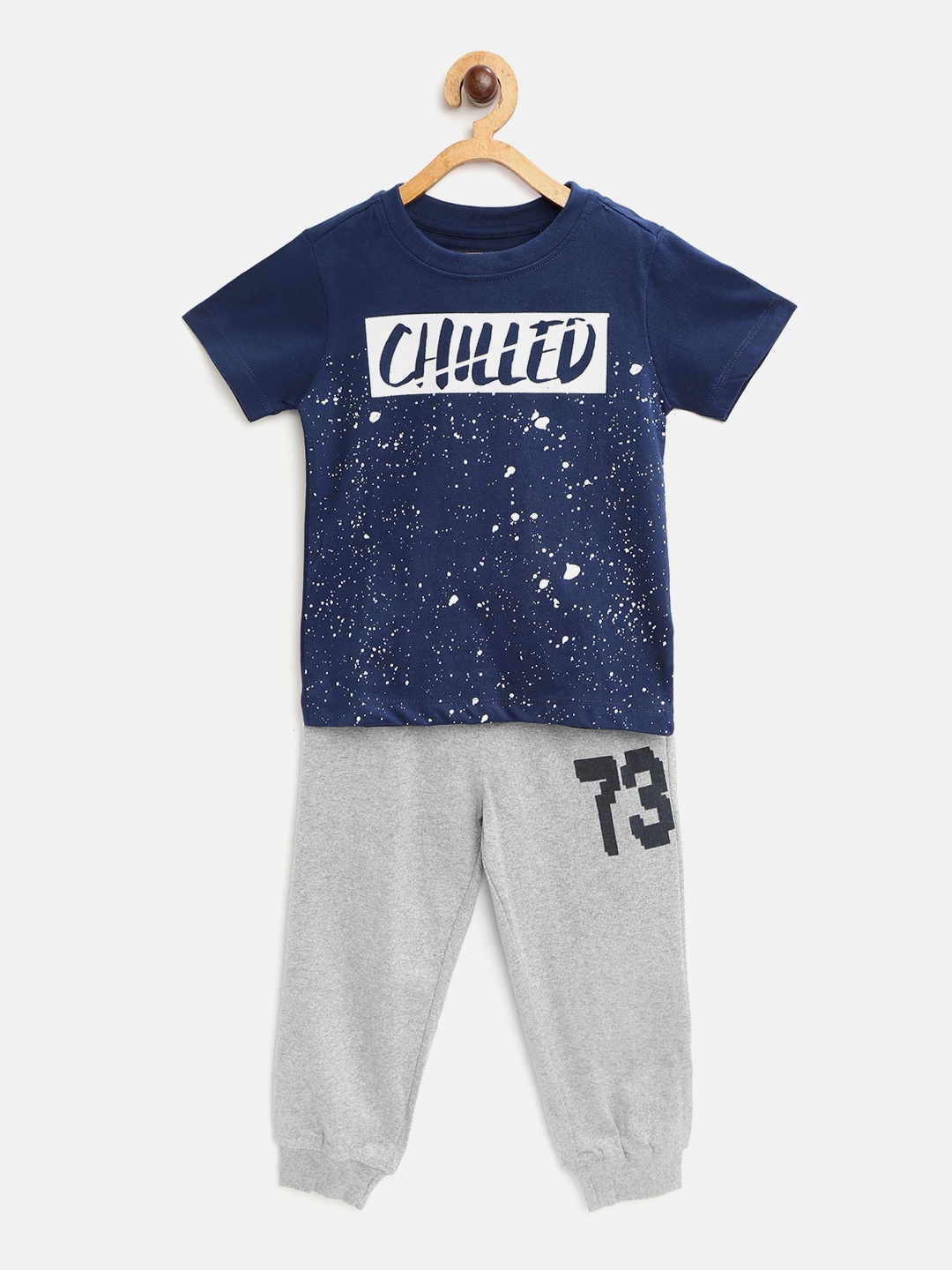 

Cherokee Boys Navy Blue & Grey Melange Pure Cotton Printed T-shirt with Joggers