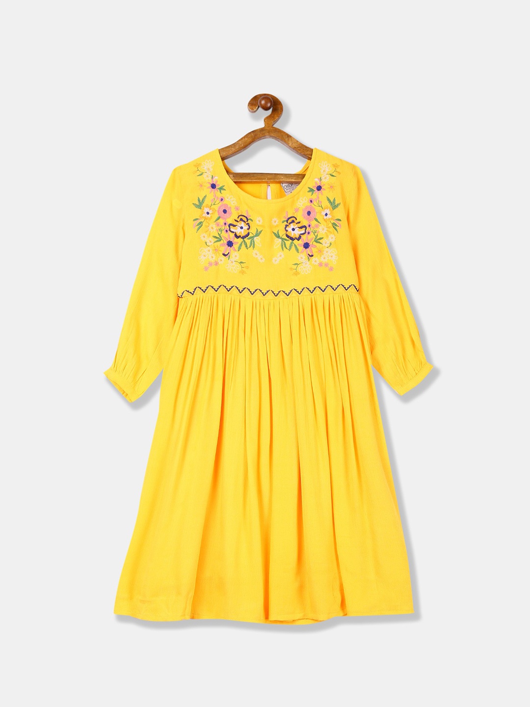 

Cherokee Yellow Floral Embroidered A-Line Dress with Gathers