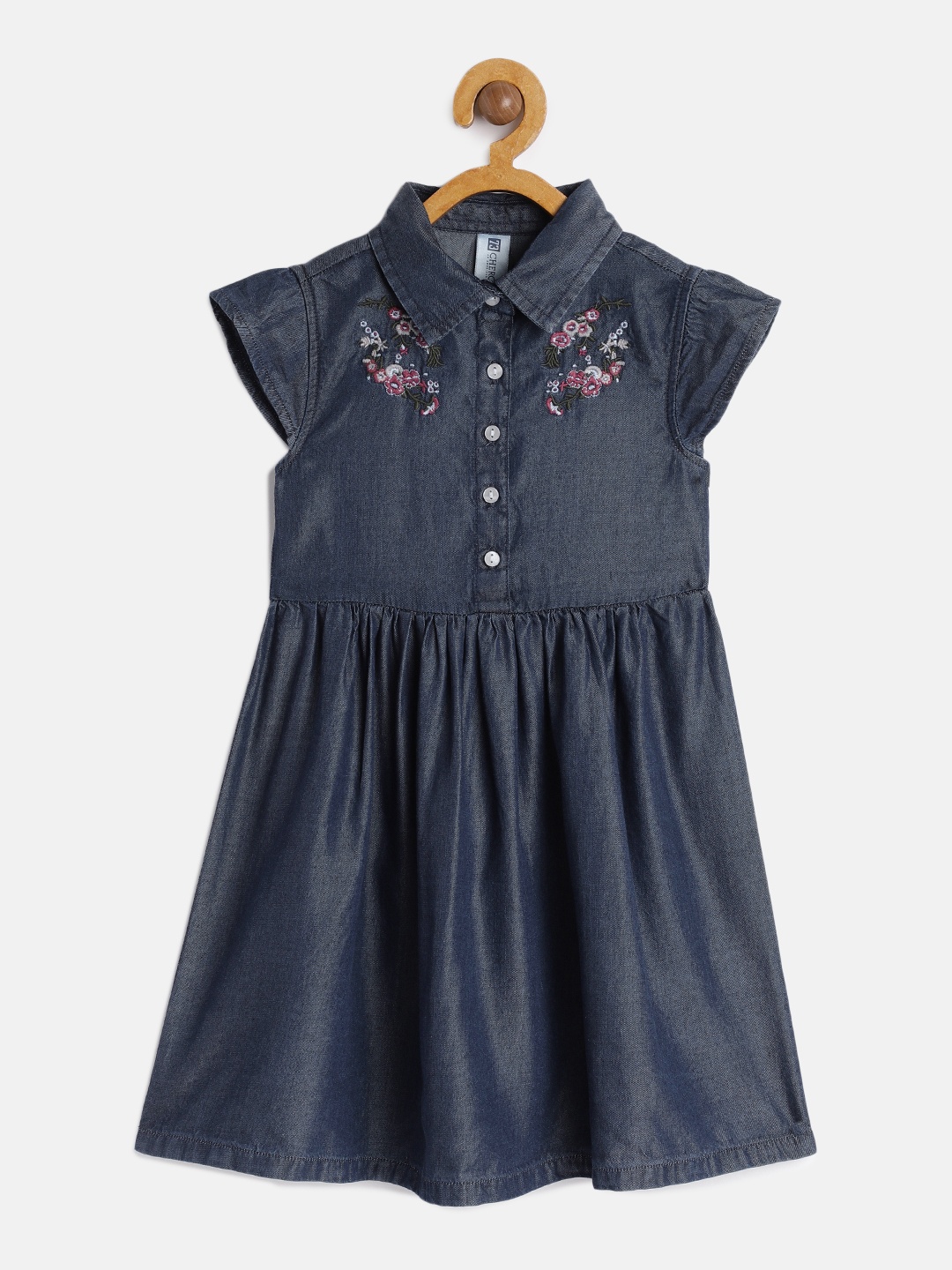

Cherokee Girls Blue Floral Embroidered Dyed Pure Cotton Dress