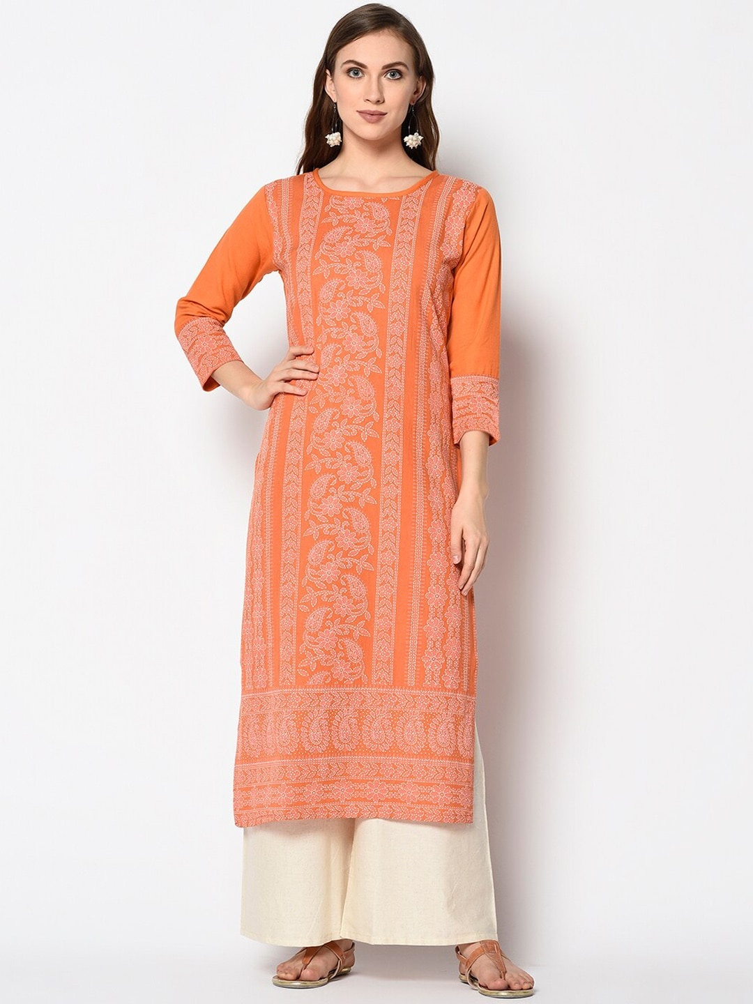 

Kvsfab Women Orange Chikankari Printed Straight Kurta