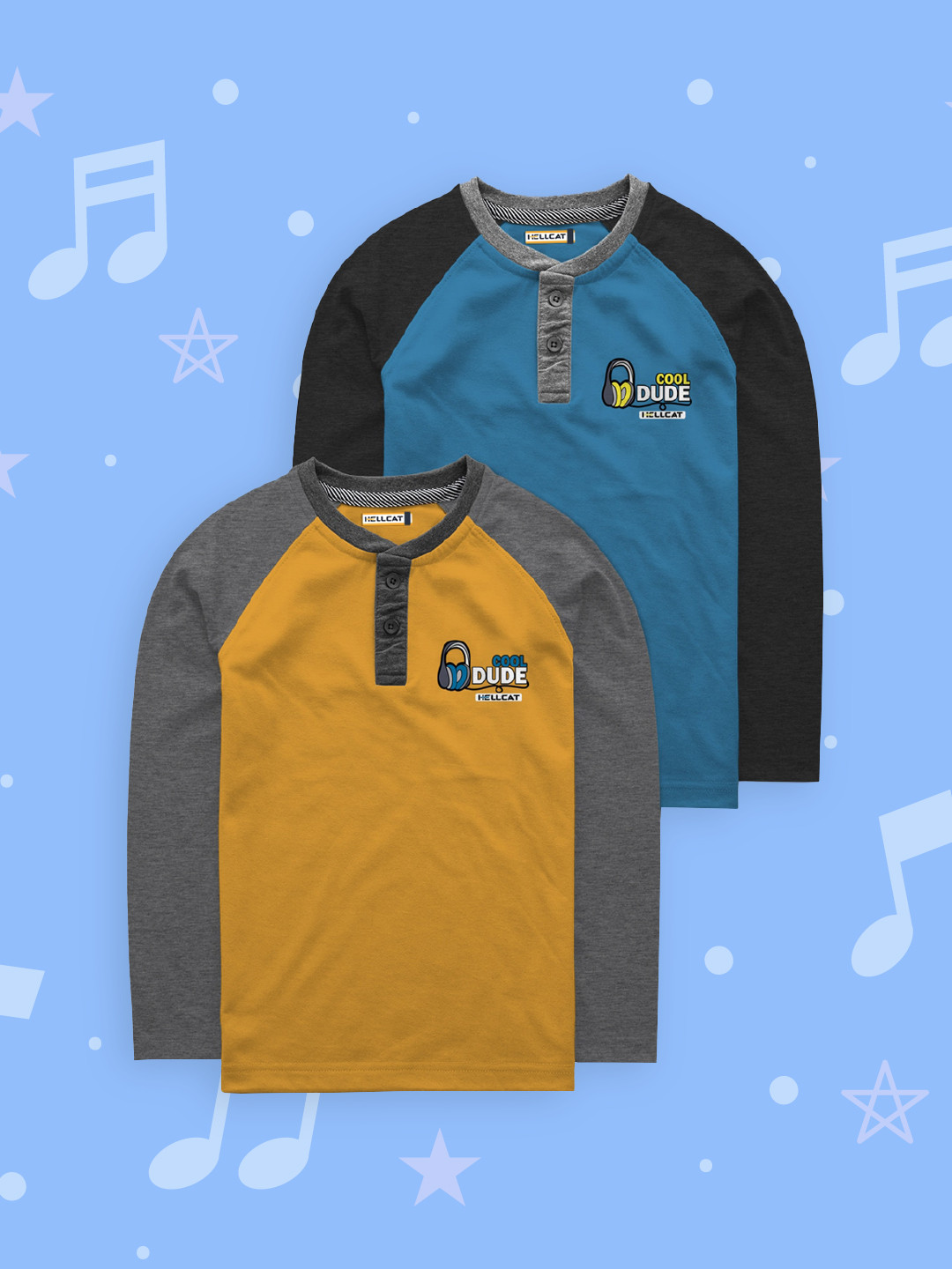 

HELLCAT Boys Pack Of 2 Colourblocked Henley Neck T-shirt, Mustard