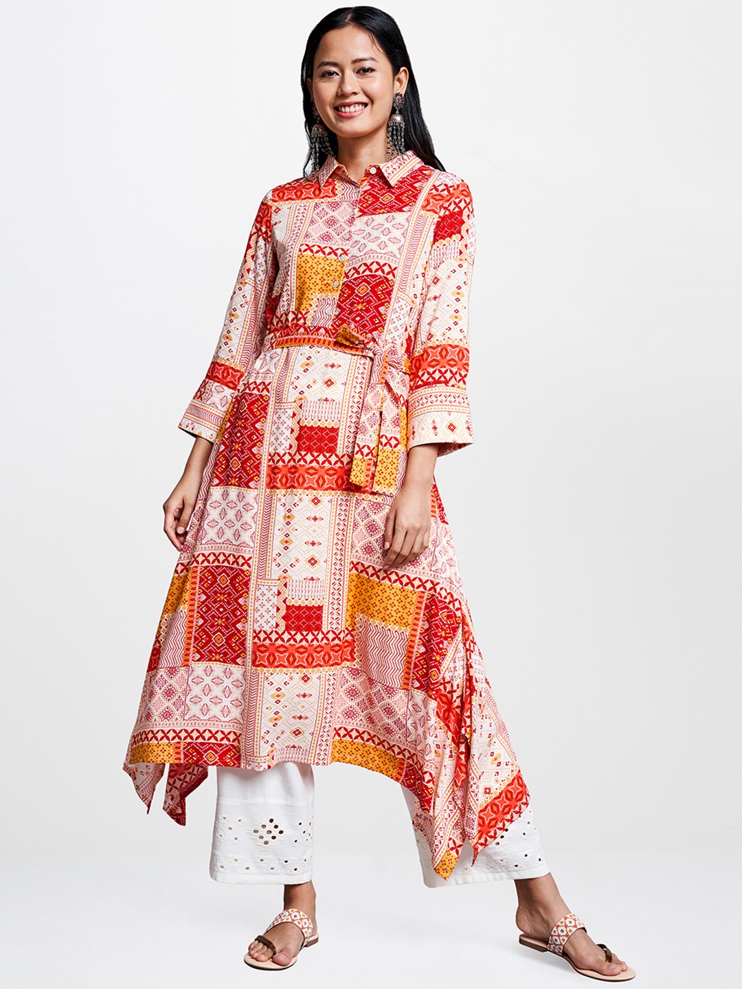 

Global Desi Women Red & Mustard Yellow Printed A-Line Kurta