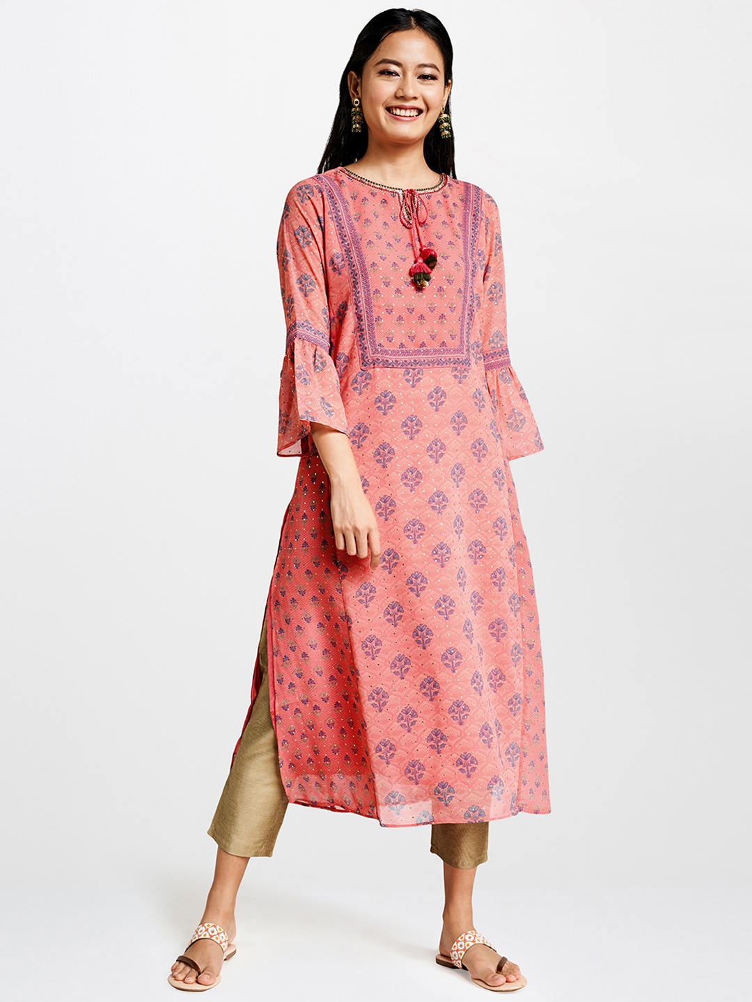 

Global Desi Women Pink & Blue Floral Printed A-Line Panelled Kurta