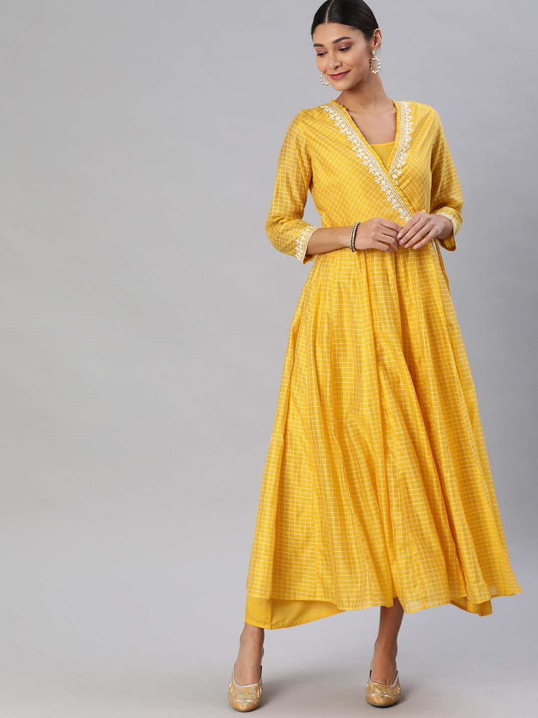 

Global Desi Women Yellow Checked Wrap Dress with Embroidery Detail