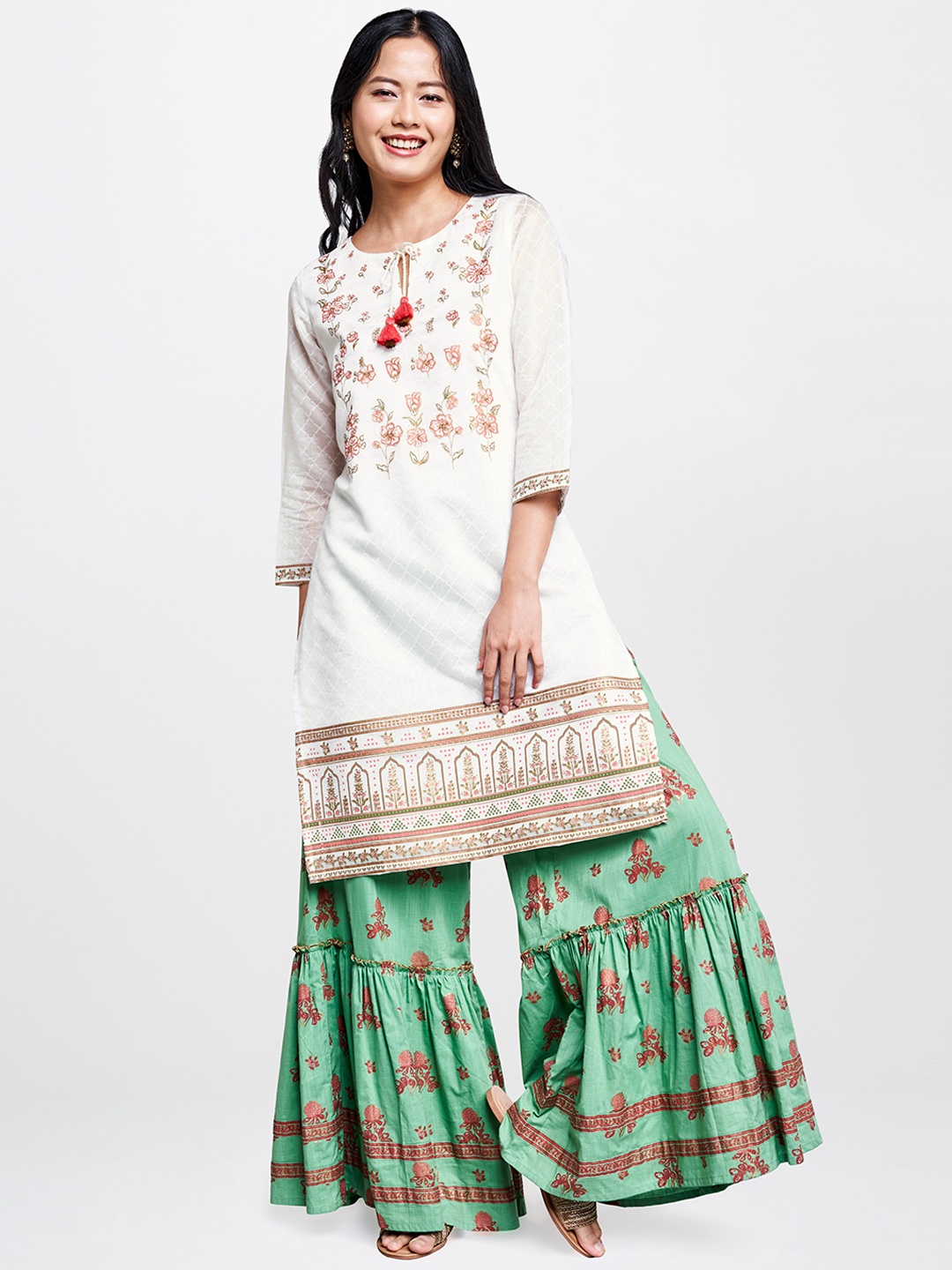 

Global Desi Women White & Pink Printed Straight Kurta with Sequined Detailing