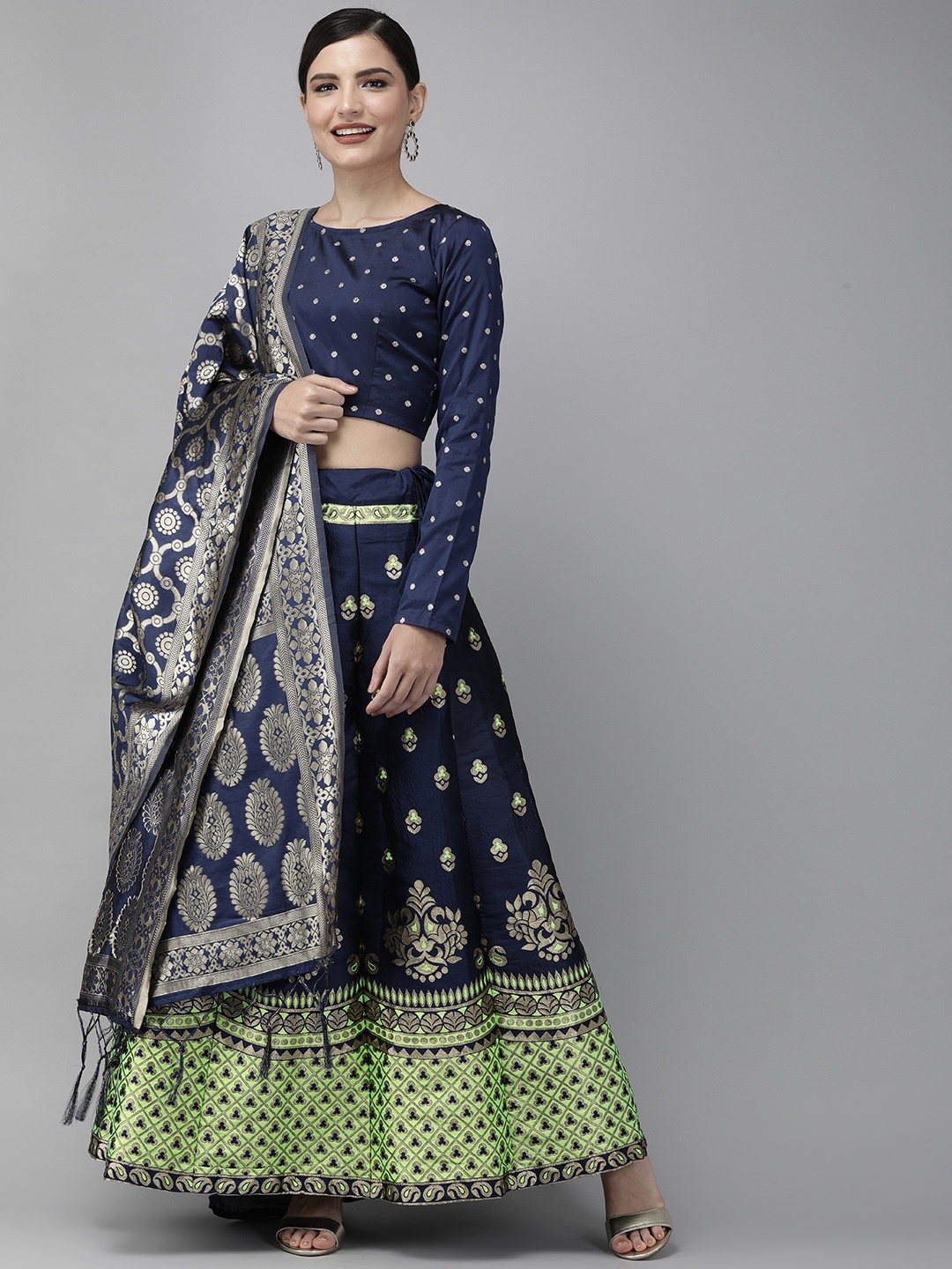 

DIVASTRI Navy Blue & Green Woven Design Semi-Stitched Lehenga & Unstitched Blouse with Dupatta