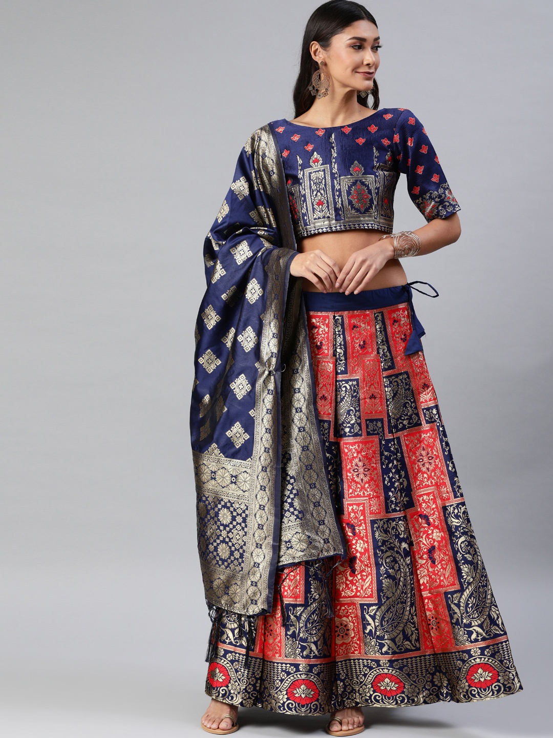 

DIVASTRI Navy Blue & Red Woven Design Semi-Stitched Lehenga & Unstitched Blouse with Dupatta