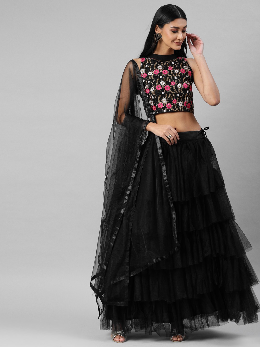 

DIVASTRI Black & Golden Semi-Stitched Lehenga & Blouse with Dupatta