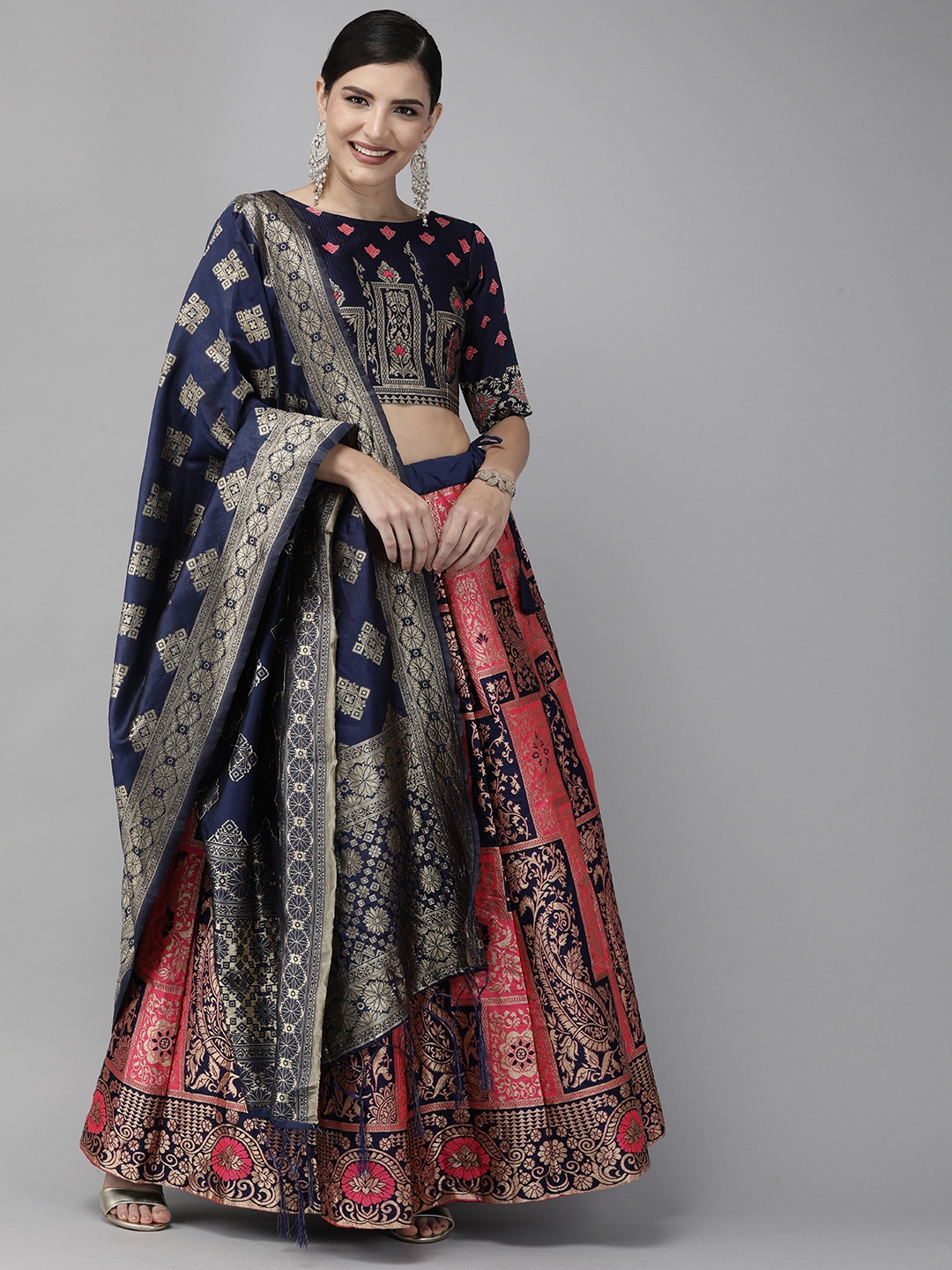 

DIVASTRI Pink & Navy Blue Woven Design Semi-Stitched Lehenga & Unstitched Blouse with Dupatta