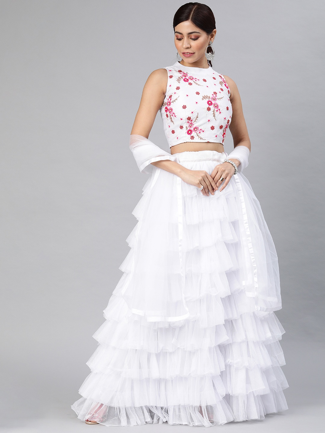 

DIVASTRI White Semi-Stitched Ruffled Lehenga & Blouse with Dupatta