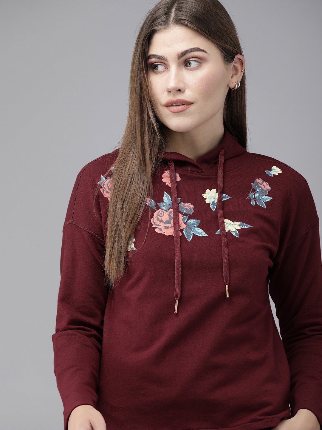 

Van Heusen Woman Floral Printed Quick Dry Hooded Sweatshirt, Maroon