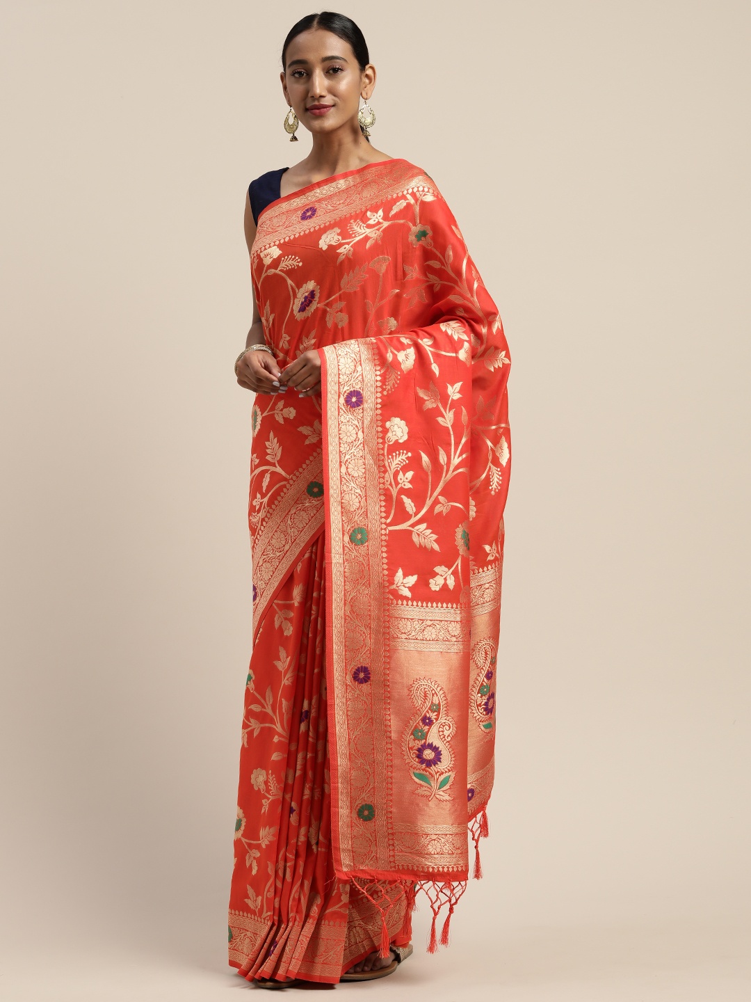 

Mitera Orange Gold-Toned Viscose Rayon Woven Design Banarasi Liva Saree