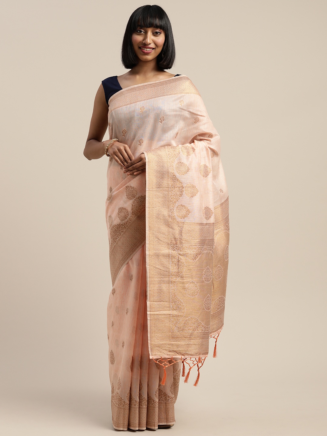 

Mitera Peach-Coloured Liva Woven Design Banarasi Saree