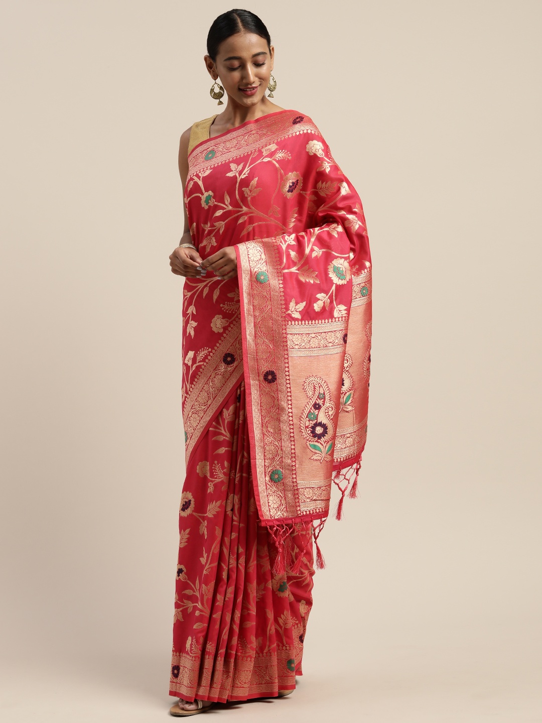 

Mitera Fuchsia Pink Gold-Toned Viscose Rayon Woven Design Banarasi Liva Saree