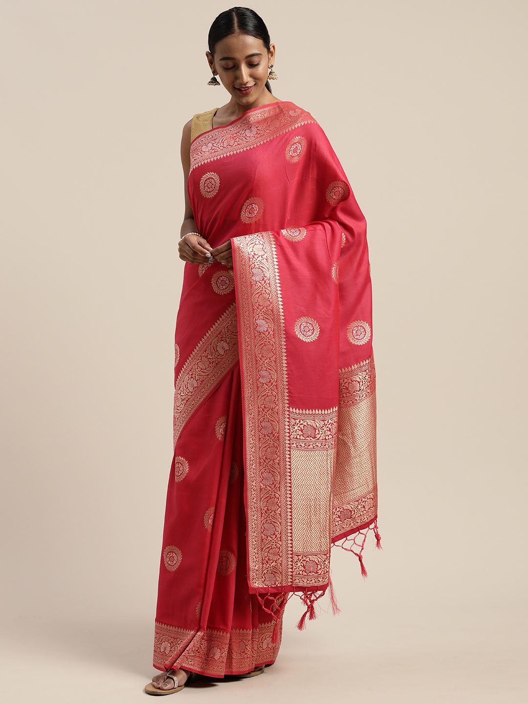 

Mitera Pink Viscose Rayon Woven Design Banarasi Liva Saree