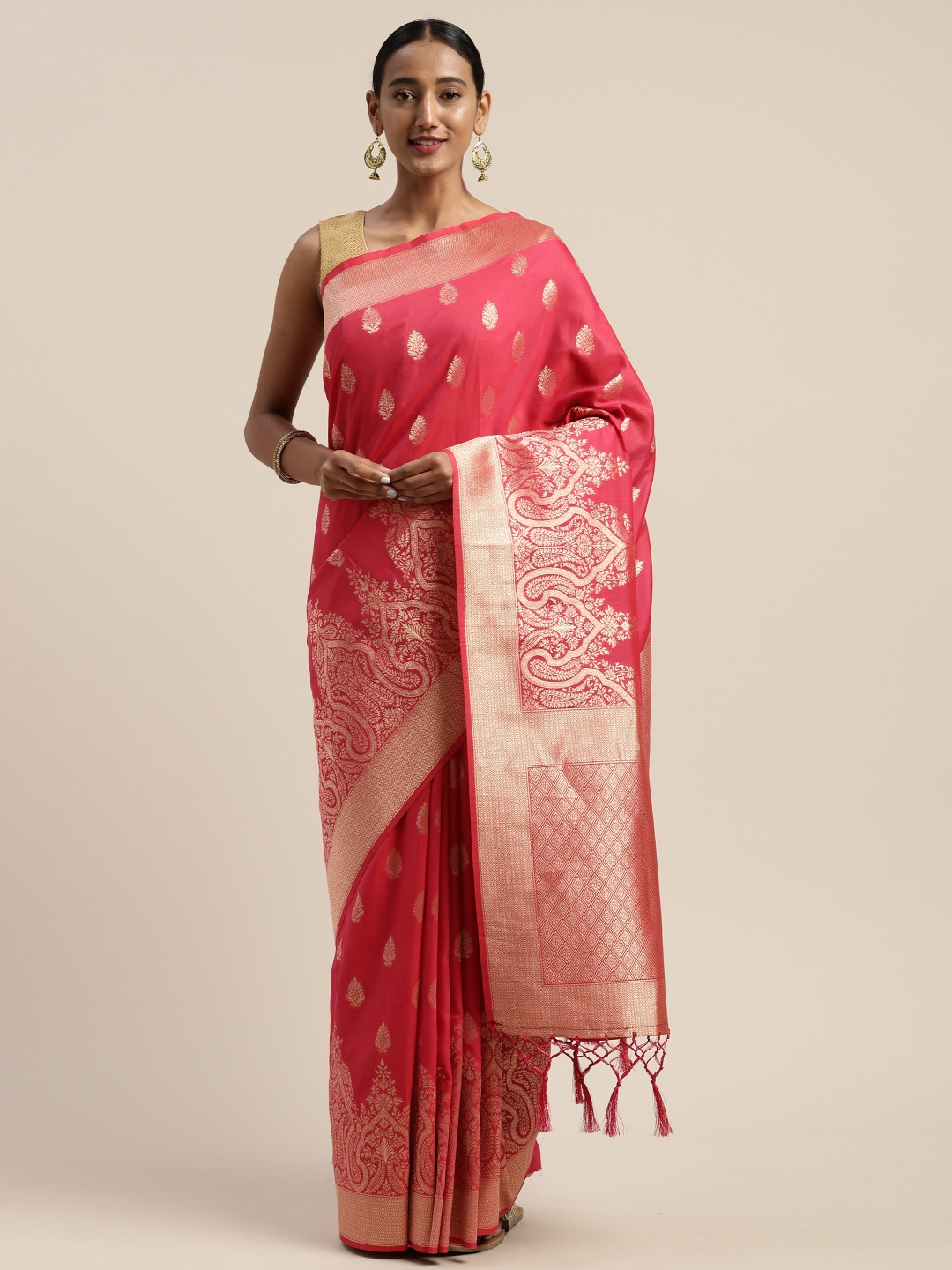 

Mitera Coral Pink Gold-Toned Viscose Rayon Woven Design Banarasi Liva Saree