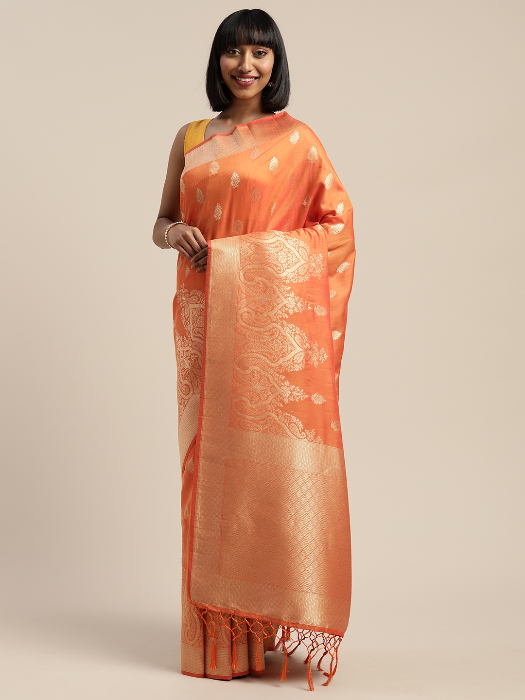 

Mitera Orange Gold-Toned Viscose Rayon Woven Design Banarasi Liva Saree