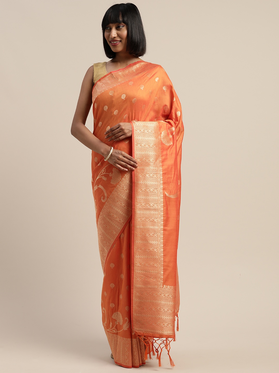 

Mitera Orange & Gold-Coloured Liva Woven Design Banarasi Celebrity Saree