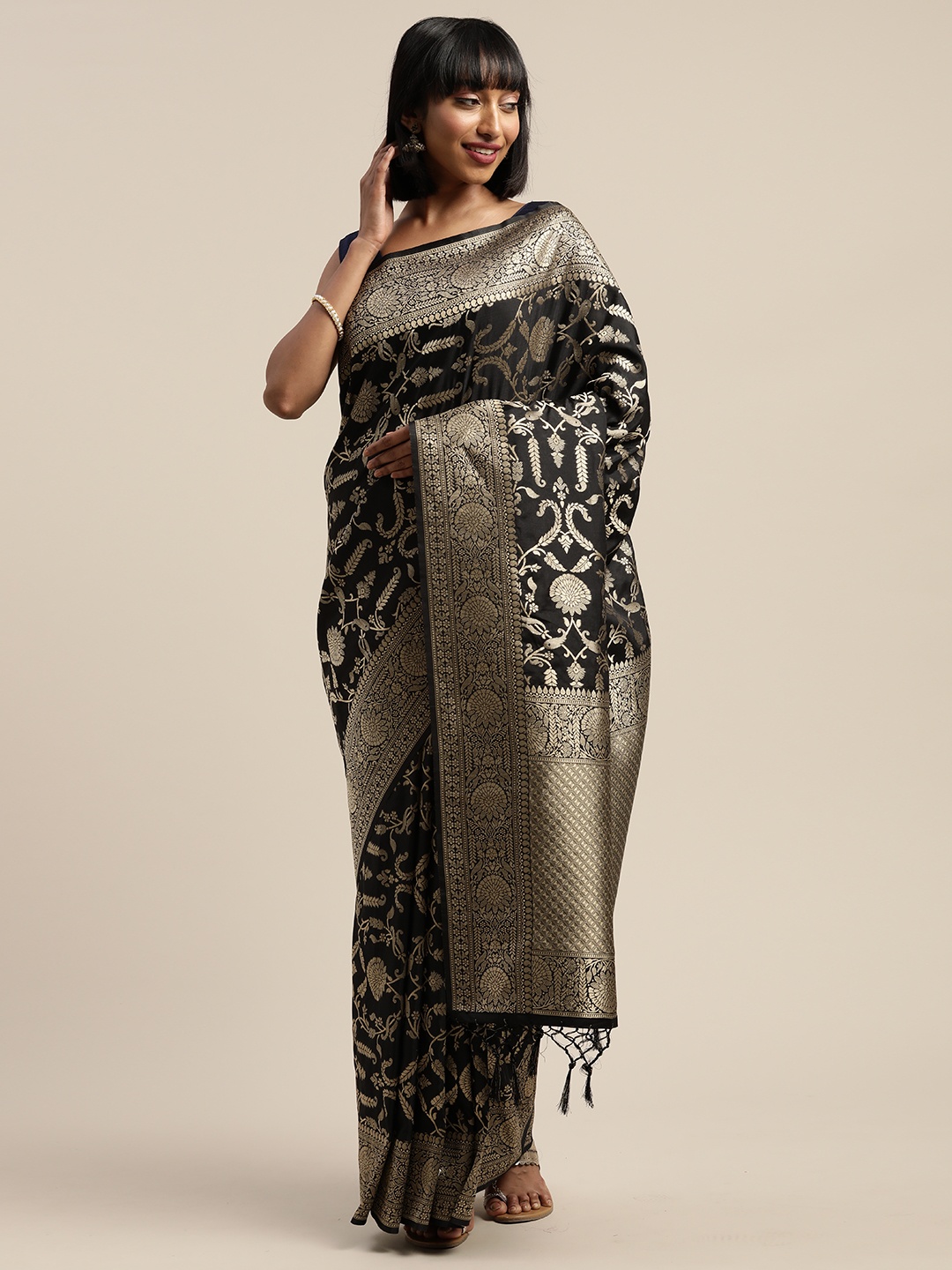 

Mitera Black Gold-Toned Viscose Rayon Woven Design Banarasi Liva Saree