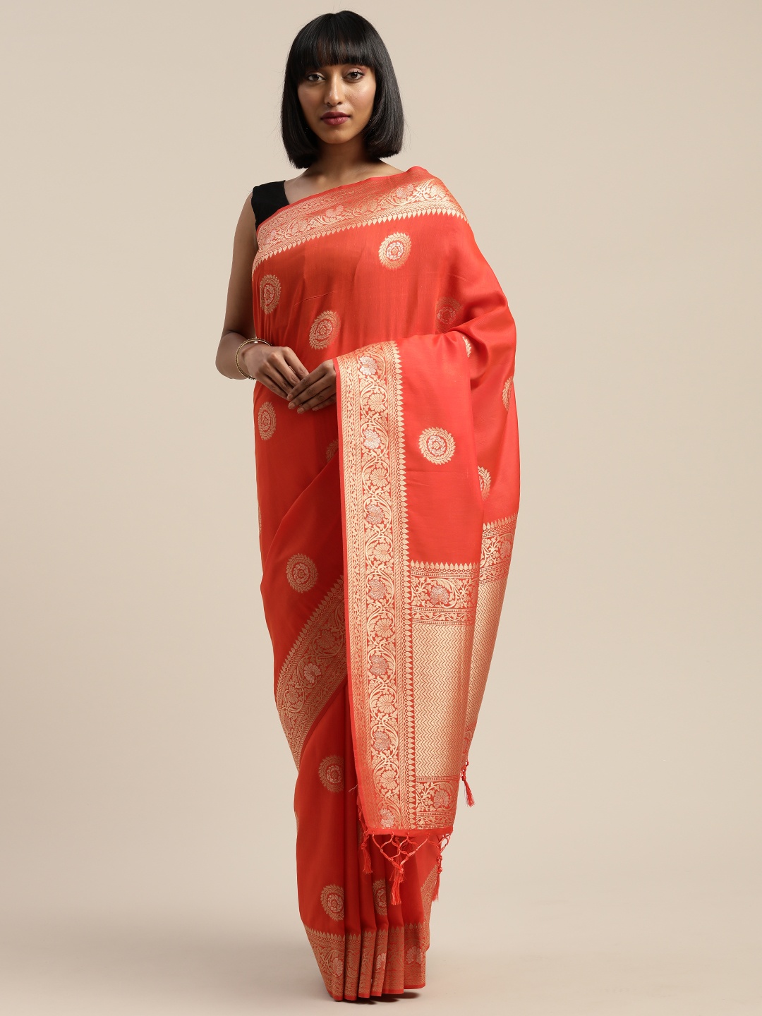 

Mitera Orange Viscose Rayon Woven Design Banarasi Liva Saree