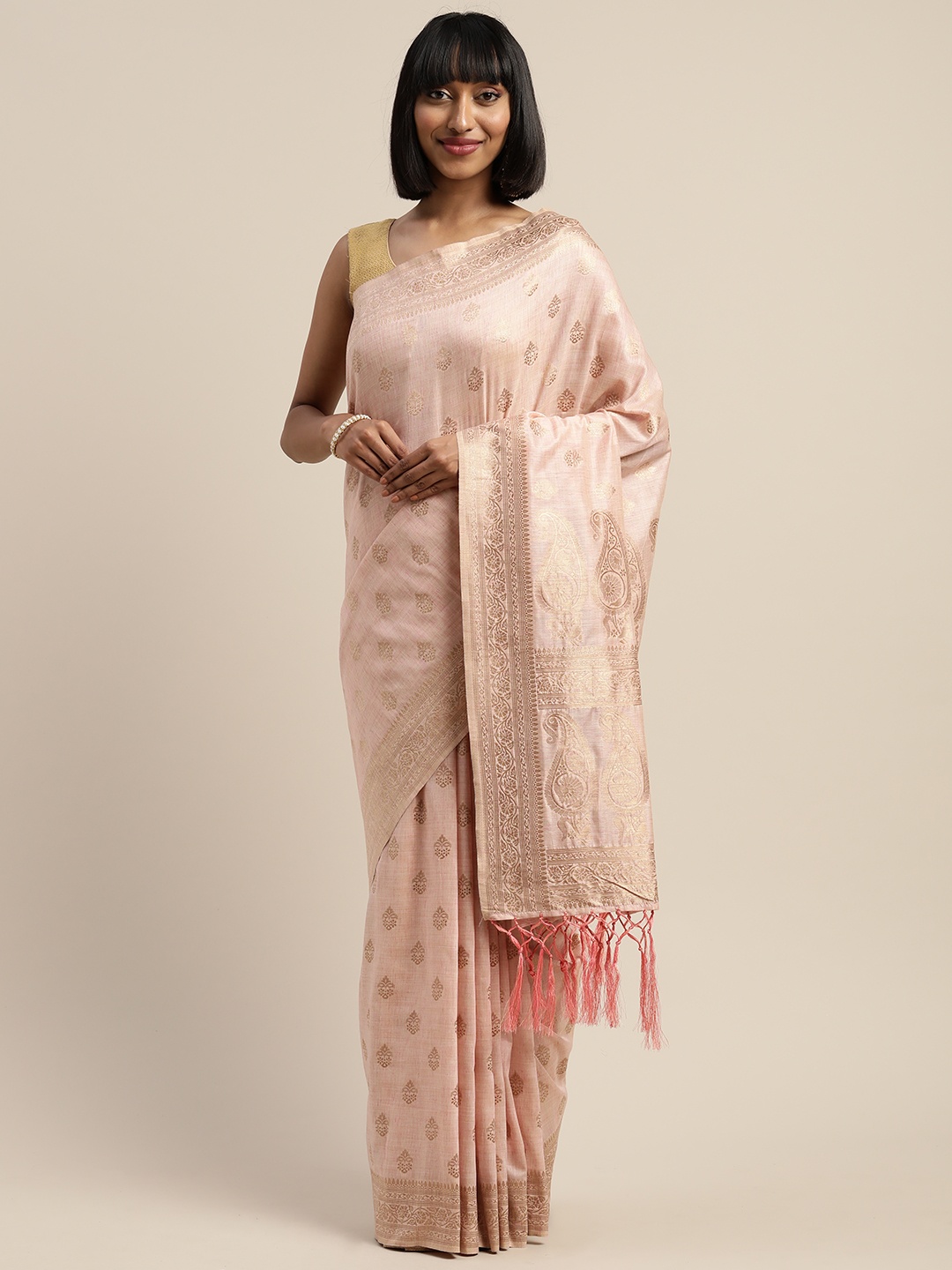 

Mitera Pink Gold-Coloured Viscose Rayon Woven Design Banarasi Celebrity Liva Saree