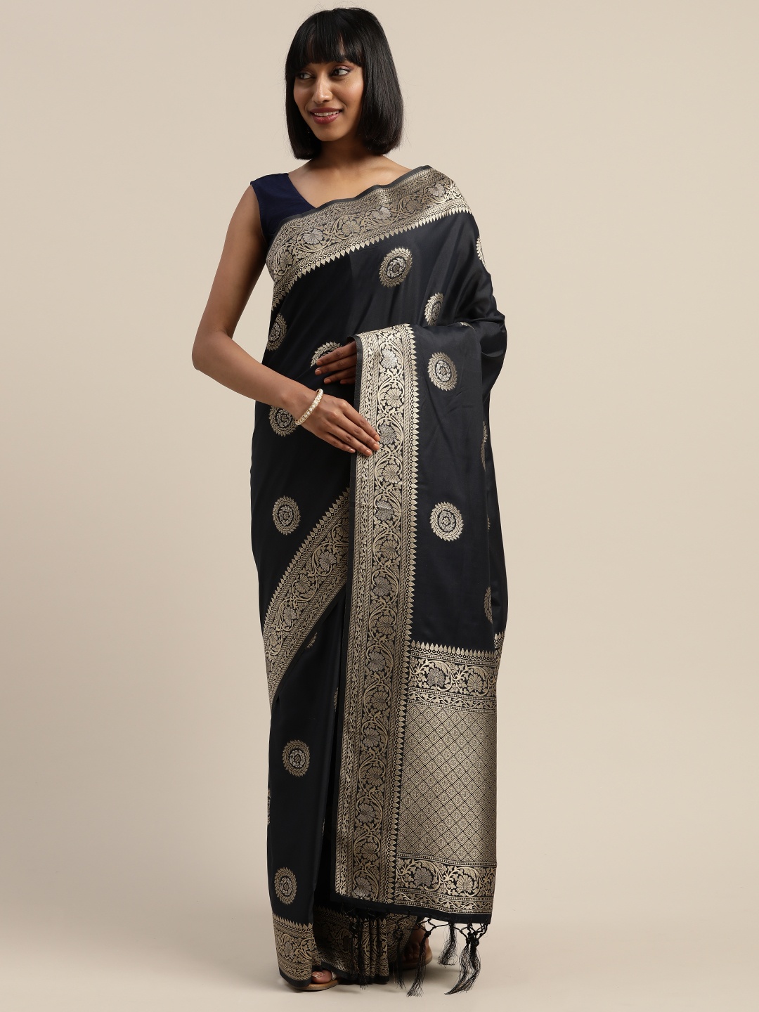 

Mitera Navy Blue Gold-Toned Viscose Rayon Woven Design Banarasi Liva Saree
