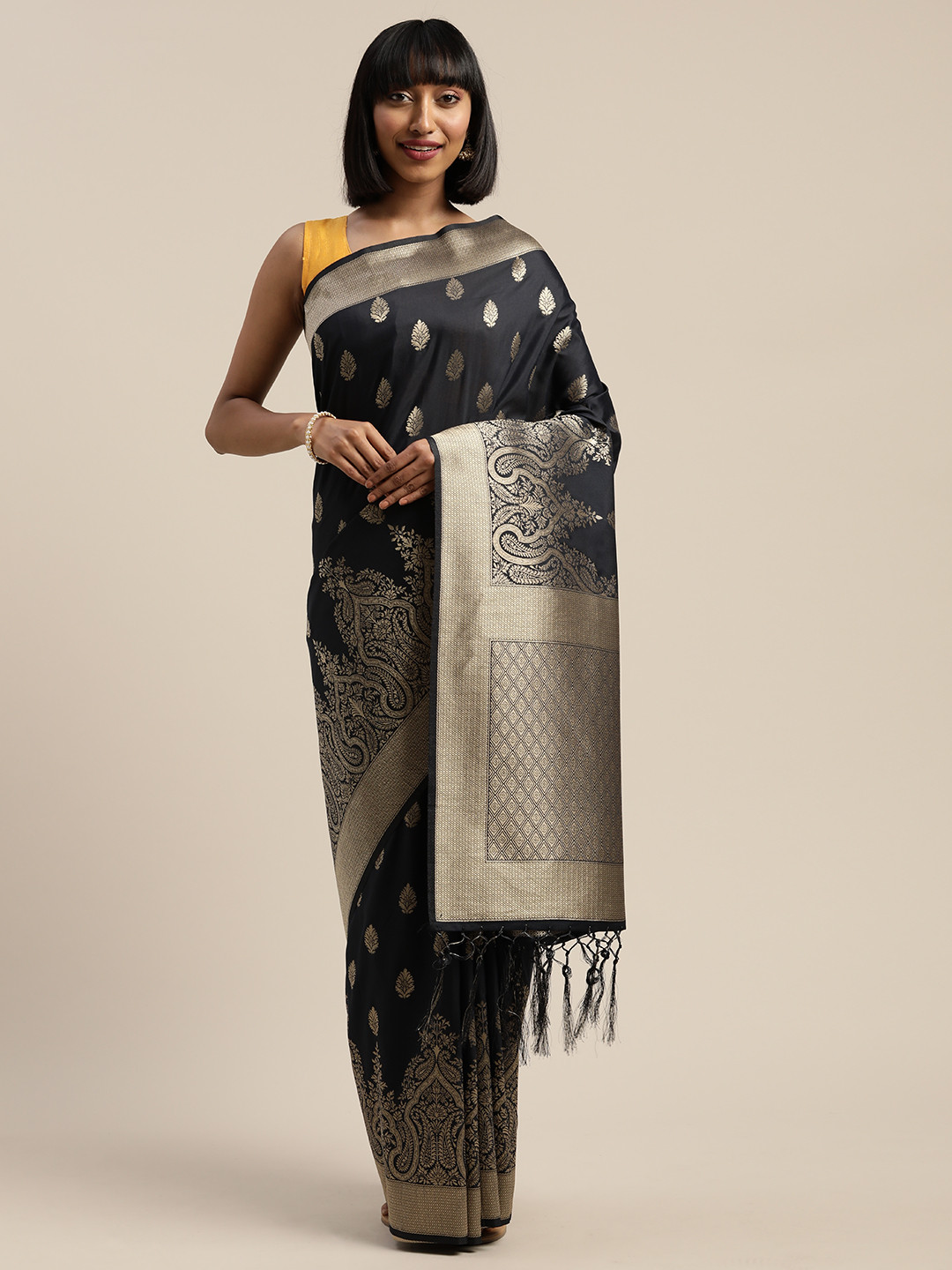 

Mitera Navy Blue Gold-Toned Viscose Rayon Woven Design Banarasi Liva Saree