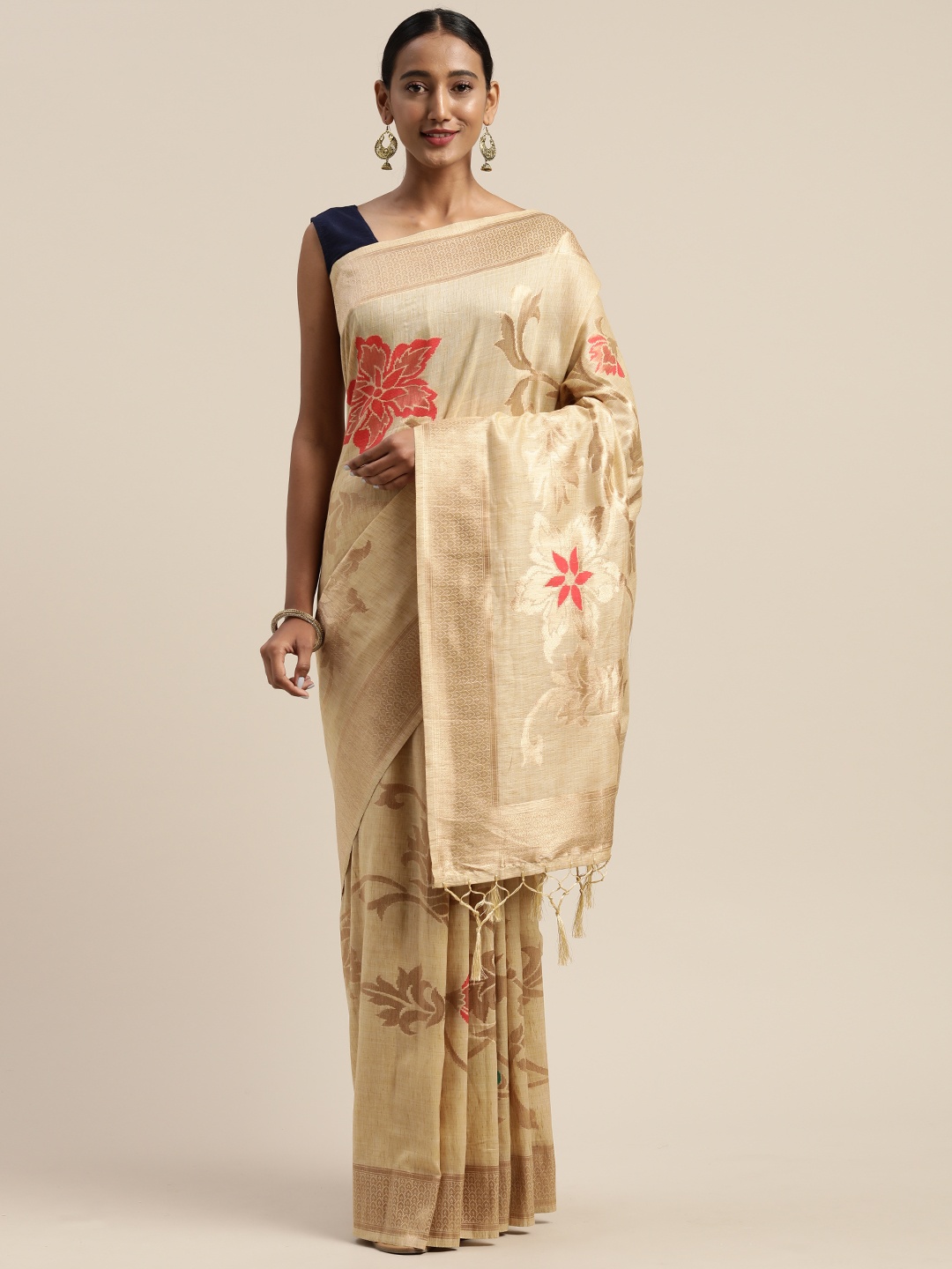 

Mitera Beige Gold-Toned Viscose Rayon Woven Design Banarasi Liva Saree