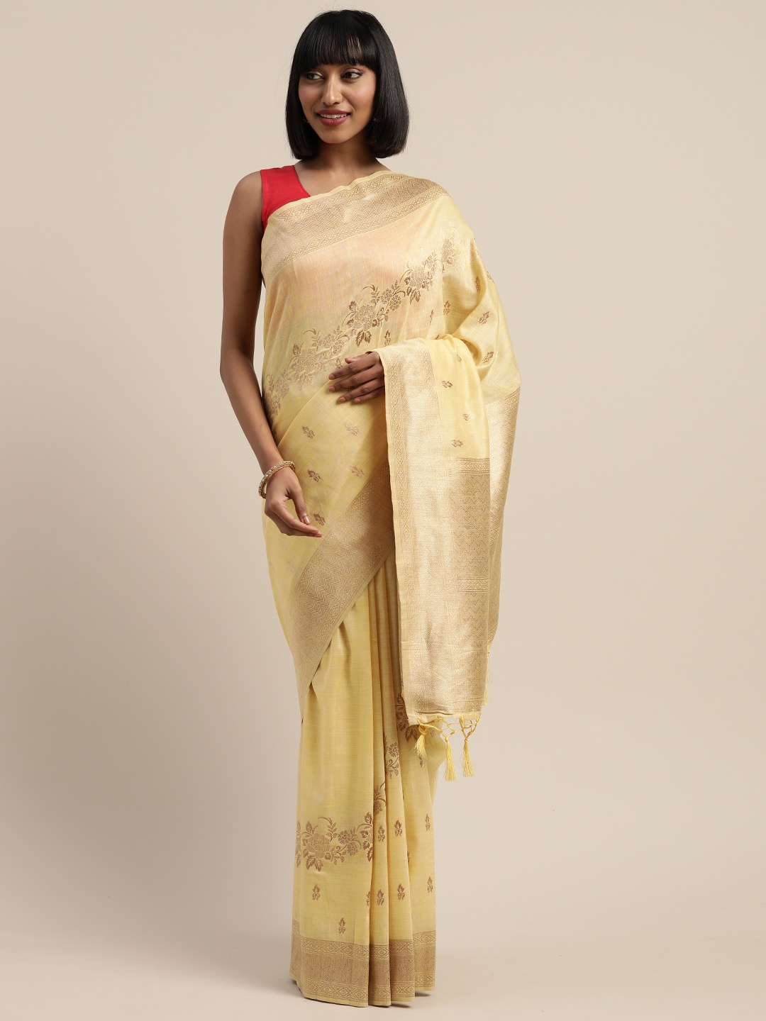 

Mitera Yellow & Gold-Toned Liva Woven Design Banarasi Saree