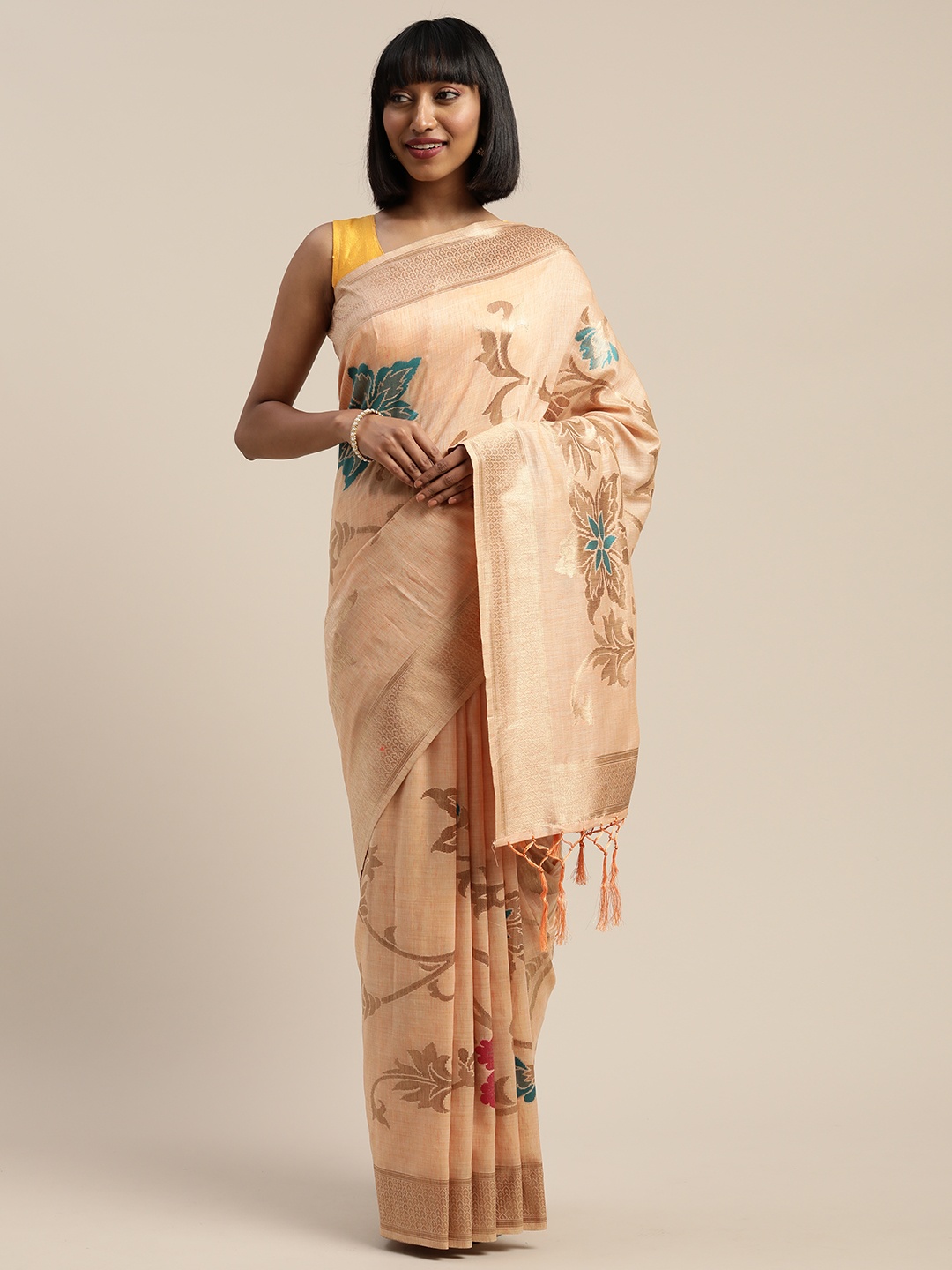 

Mitera Peach-Coloured Viscose Rayon Woven Design Banarasi Liva Saree