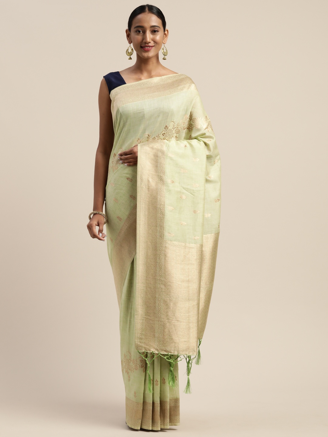

Mitera Sea Green & Gold-Toned Liva Woven Design Banarasi Saree