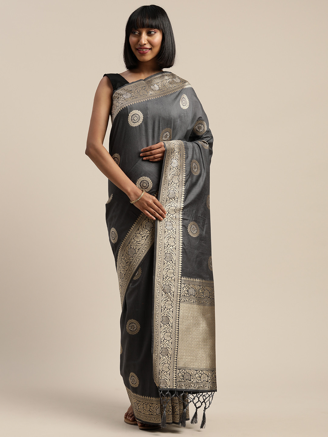 

Mitera Grey Viscose Rayon Woven Design Banarasi Liva Saree