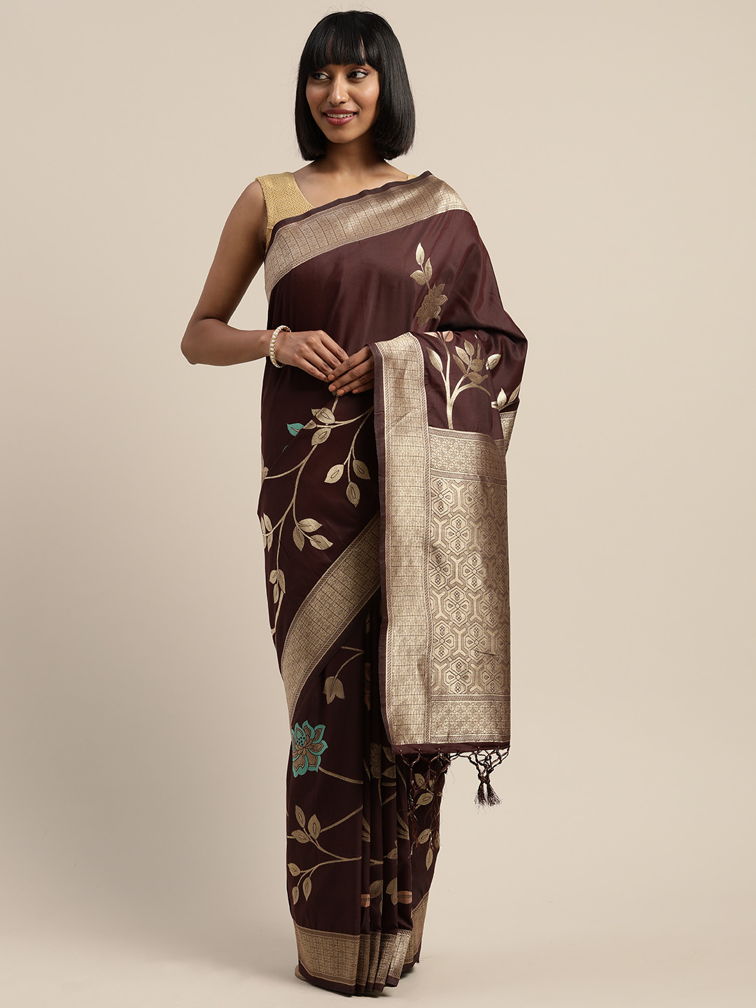 

Mitera Burgundy Gold-Coloured Viscose Rayon Woven Design Banarasi Celebrity Liva Saree