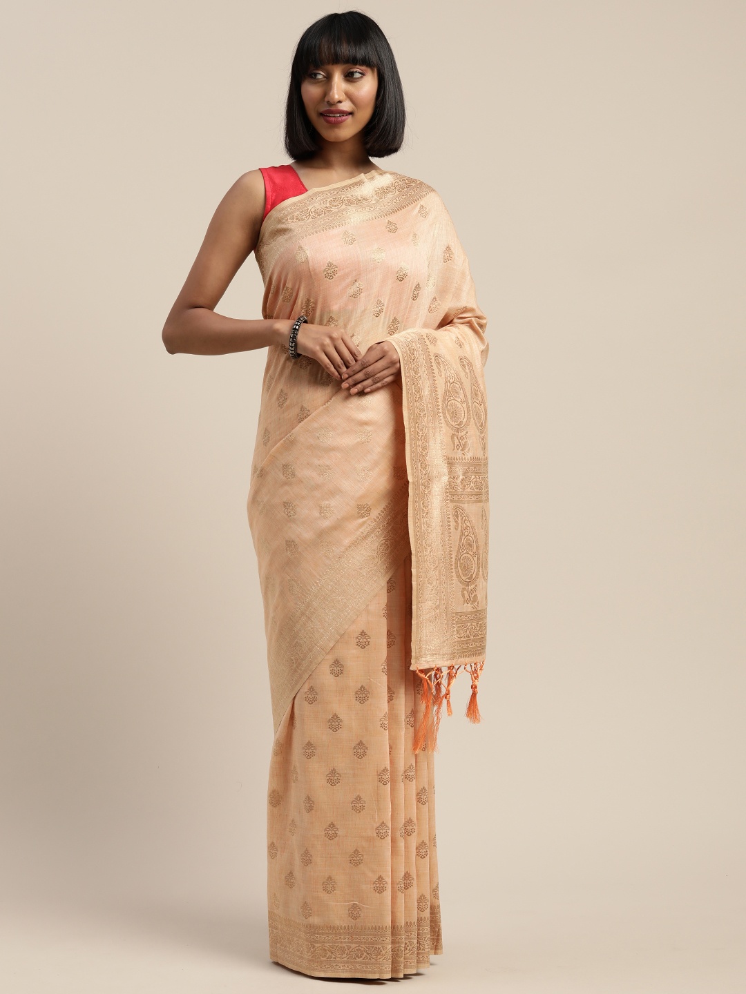 

Mitera Peach-Coloured Viscose Rayon Woven Design Banarasi Liva Saree