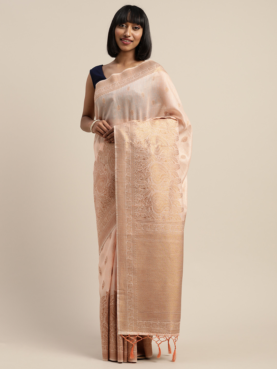 

Mitera Peach-Coloured & Gold-Toned Liva Woven Design Banarasi Saree