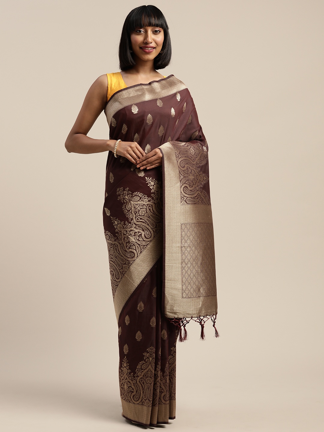 

Mitera Burgundy Gold-Toned Viscose Rayon Woven Design Banarasi Liva Saree