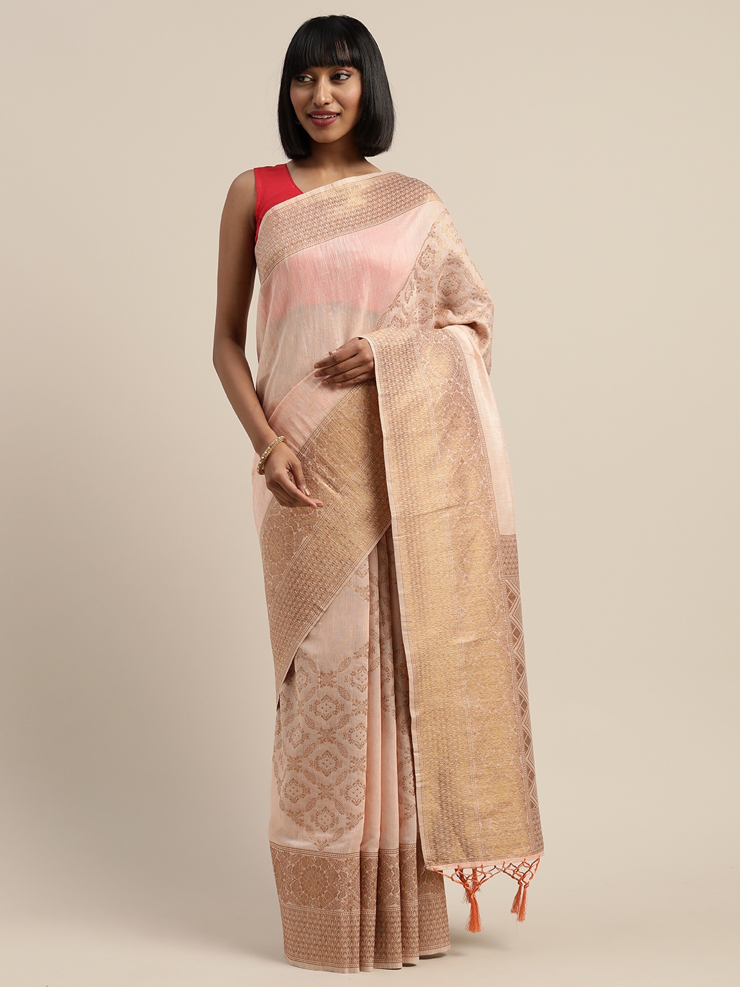 

Mitera Peach-Coloured & Gold-Toned Liva Woven Design Banarasi Saree