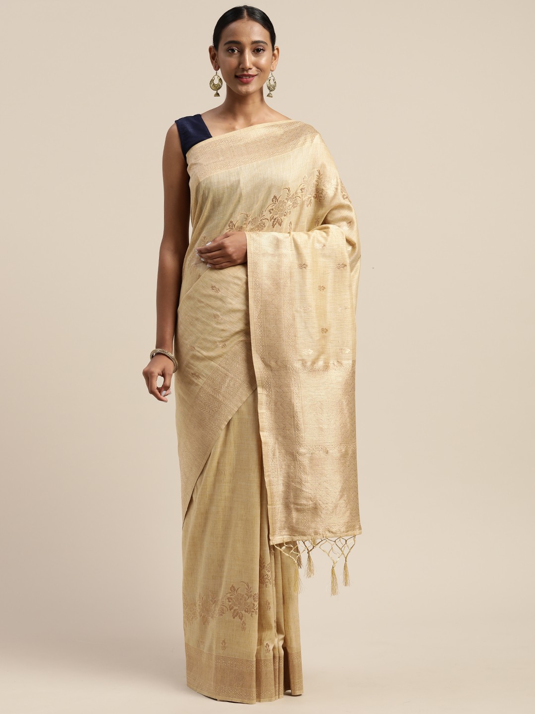 

Mitera Beige & Gold-Toned Liva Woven Design Banarasi Saree