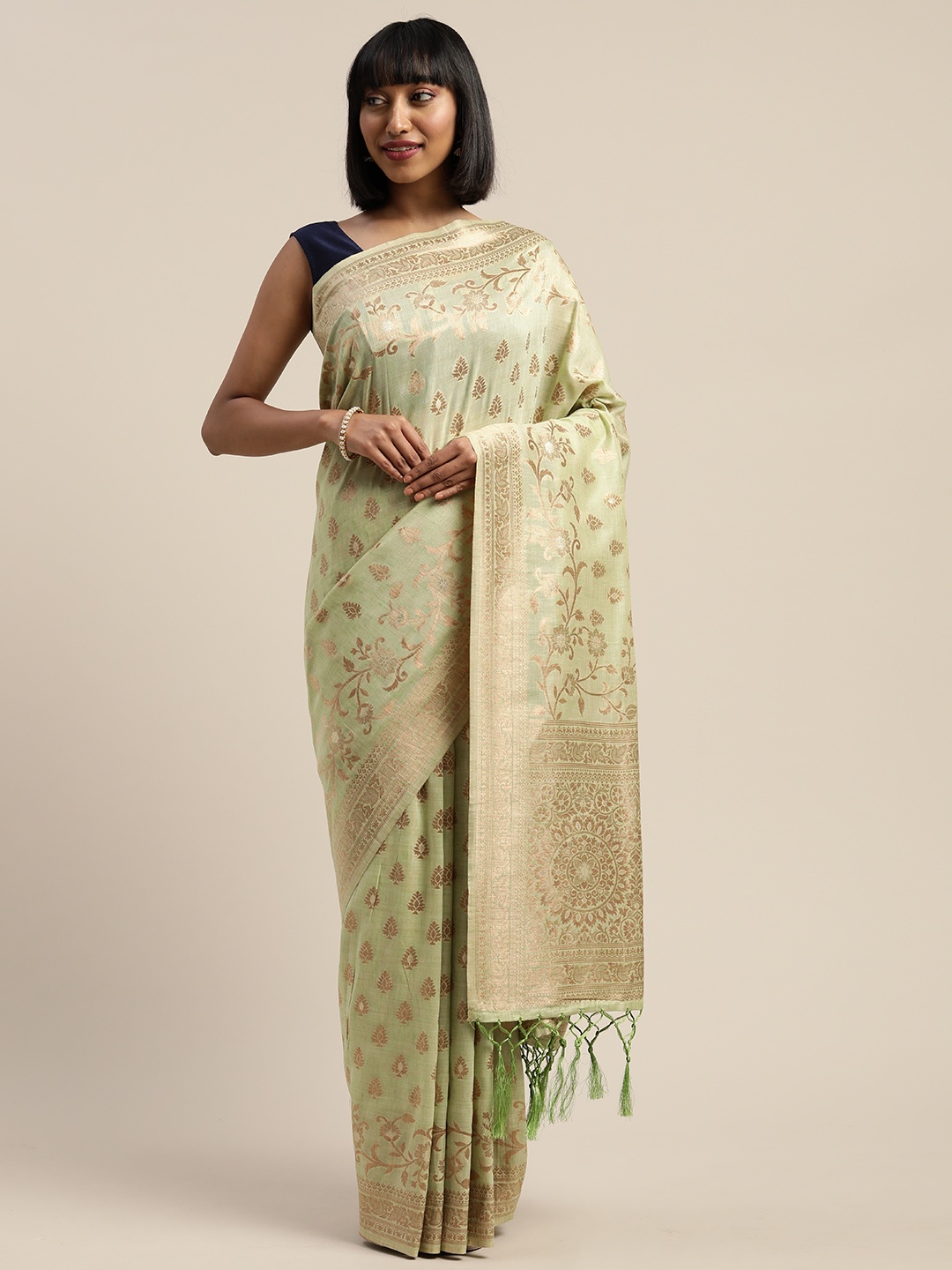 

Mitera Green & Gold-Toned Liva Woven Design Banarasi Saree