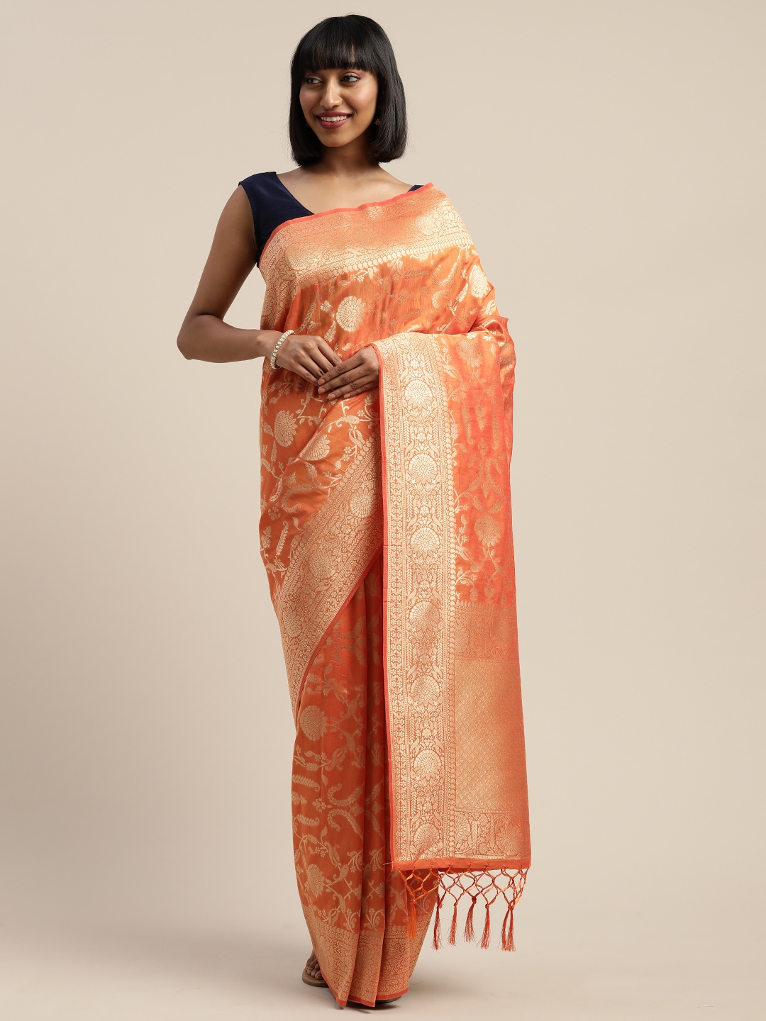 

Mitera Orange Gold-Toned Viscose Rayon Woven Design Banarasi Liva Saree