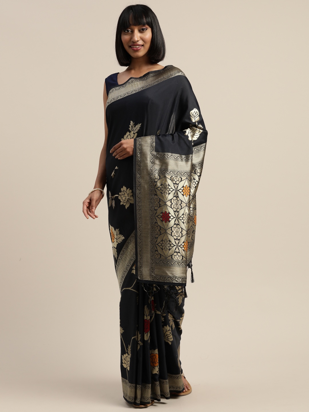

Mitera Navy Blue Gold-Toned Viscose Rayon Woven Design Banarasi Liva Saree
