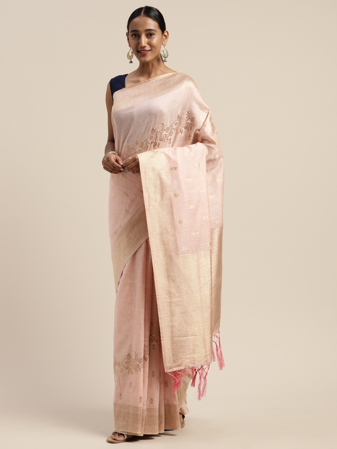 

Mitera Pink & Gold-Toned Liva Woven Design Banarasi Saree