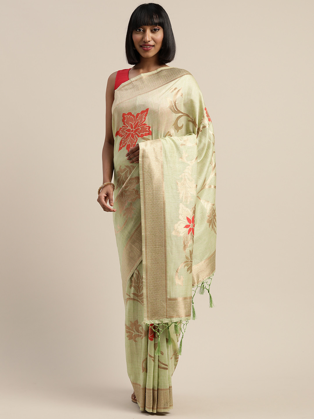 

Mitera Sea Green Gold-Toned Viscose Rayon Woven Design Banarasi Liva Saree
