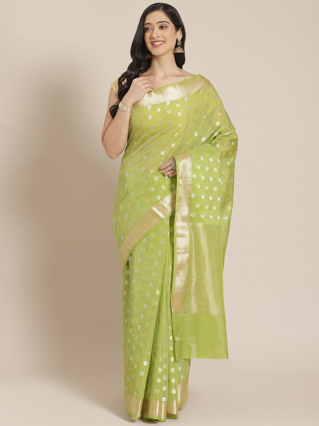 

Mitera Green & Golden Zari Woven Design Banarasi Saree