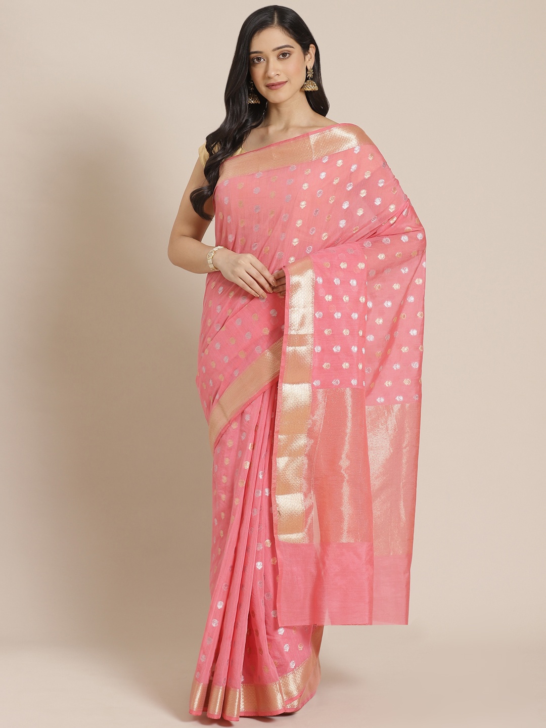 

Mitera Pink & Golden Zari Woven Design Banarasi Saree