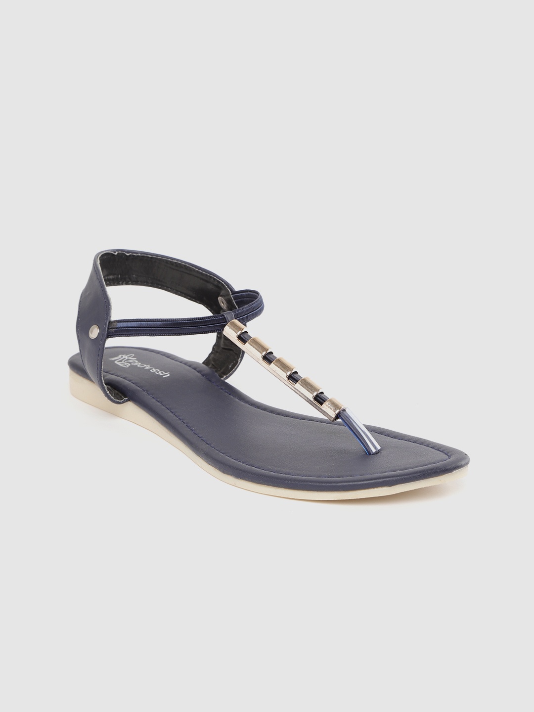 

Padvesh Women Navy Blue Solid T-Strap Flats with Metallic Detail