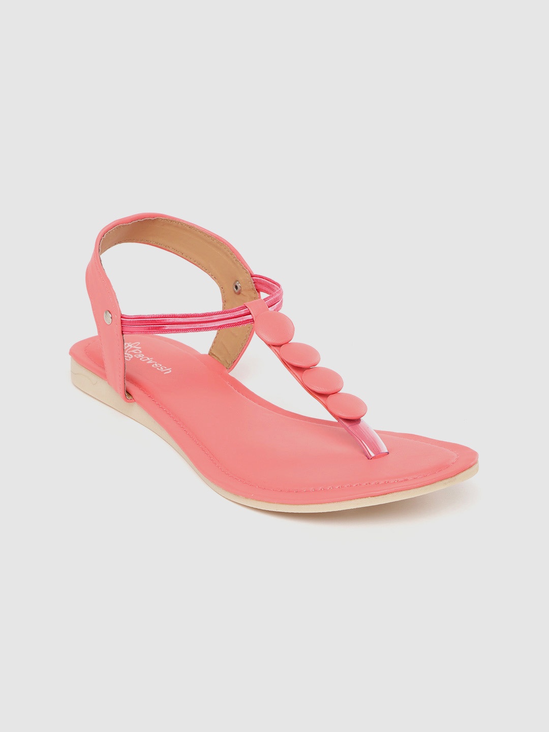 

Padvesh Women Pink Solid T-Strap Flats with Button Detail