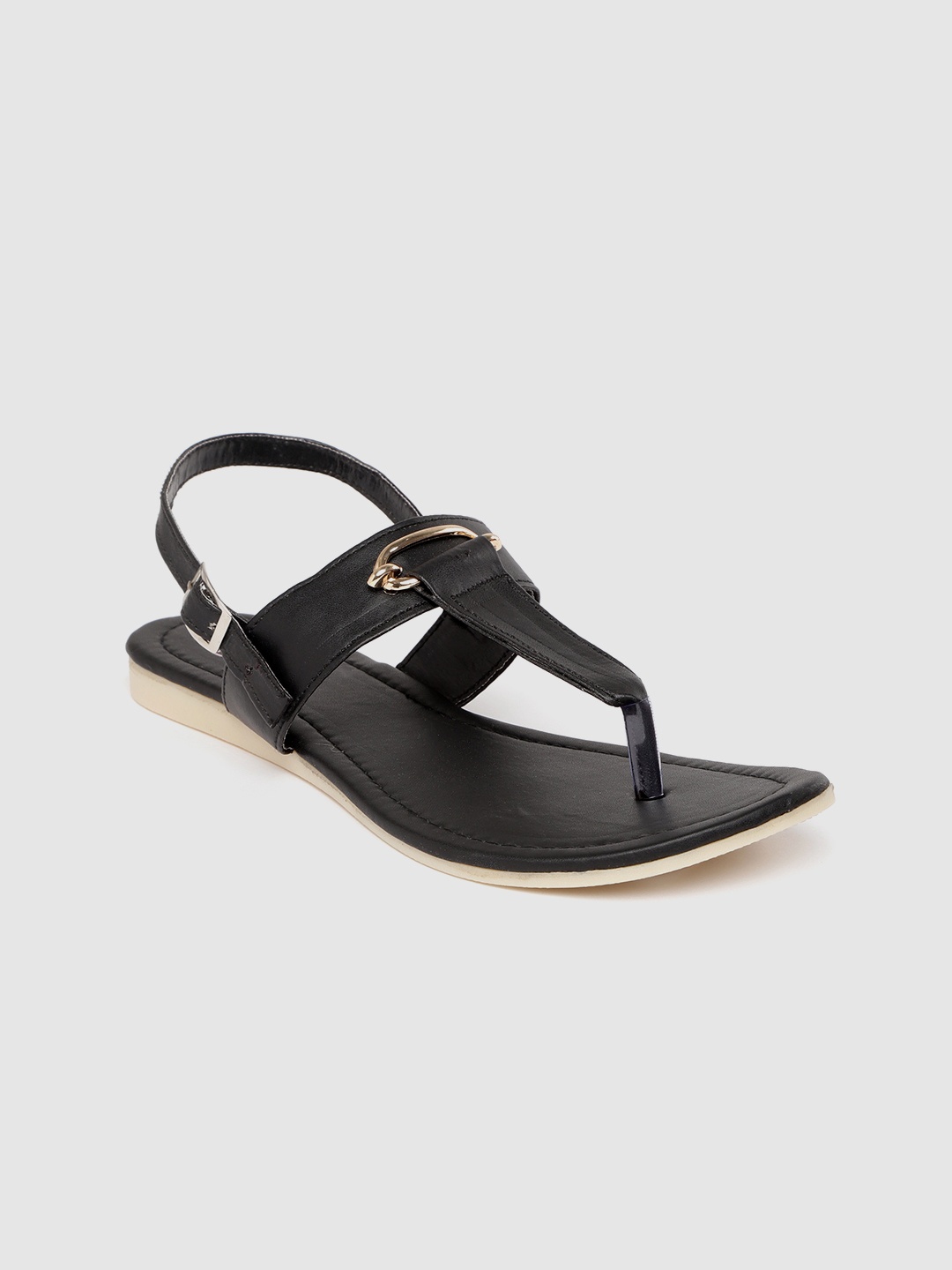 

Padvesh Women Black Solid T-Strap Flats